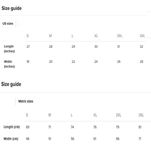 May include: Size chart for clothing in US and metric sizes. The chart shows the length and width measurements in inches and centimeters for sizes S, M, L, XL, 2XL, and 3XL.