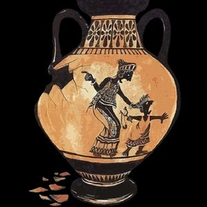 Könnte beinhalten: Illustration einer zerbrochenen altgriechischen Vase in Schwarz und Beige. Die Vase hat schwarze Henkel und einen schwarzen Rand mit einem floralen Muster. Der Vasenkörper zeigt zwei schwarze Figuren, eine zeigt mit dem Finger, die andere hält eine Schleuder.