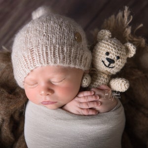 Newborn Teddy Bear Outfit, Knitted Teddy Bear Cap, Newborn Sleepy Hat, Newborn Photography Props Set, Newborn Knit