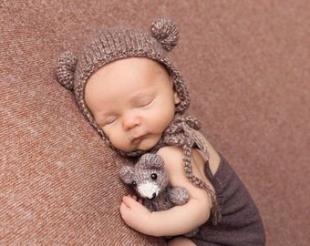 Newborn Teddy Bear Outfit, Knit Teddy Bear Hat, Newborn Sleep Hat, Newborn Photography Props Set, Newborn Knit