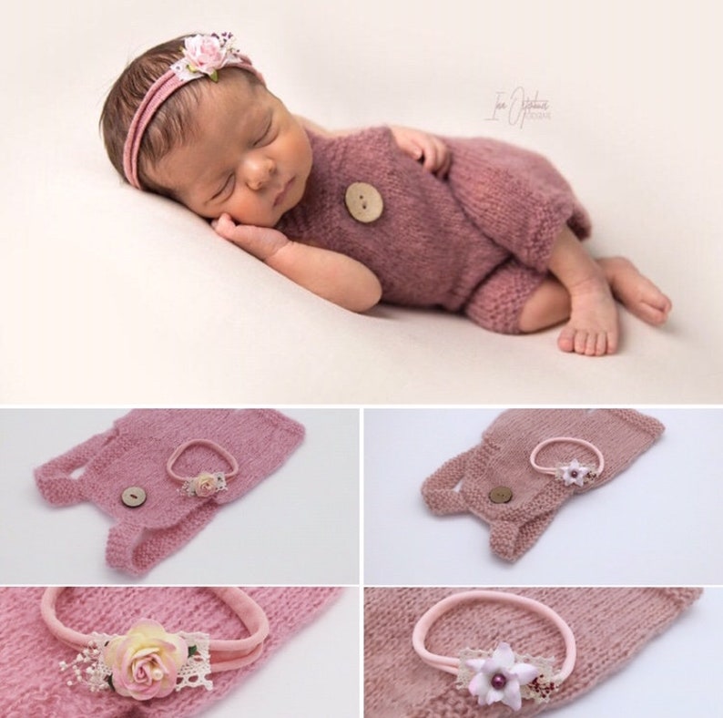 May include: A newborn baby wearing a dusty rose knit romper with a wooden button closure and matching floral headband. The baby is lying on a cream-colored surface. Additional images show the romper and headband.