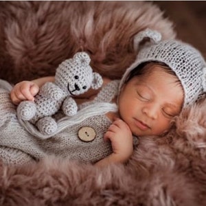 Newborn Teddy Bear Outfit, Knit Teddy Bear Hat, Newborn Sleep Hat, Newborn Photography Props Set, Newborn Knit