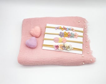 Accessoires pour nouveau-nés / Boho Newborn Set de 7/ Bandes de cheveux sans & Wrap/ Felt Heart / Baby Photography