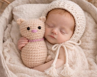 Newborn set for girls with crocheted cat - soft baby hat - newborn photo prop - handmade baby gift