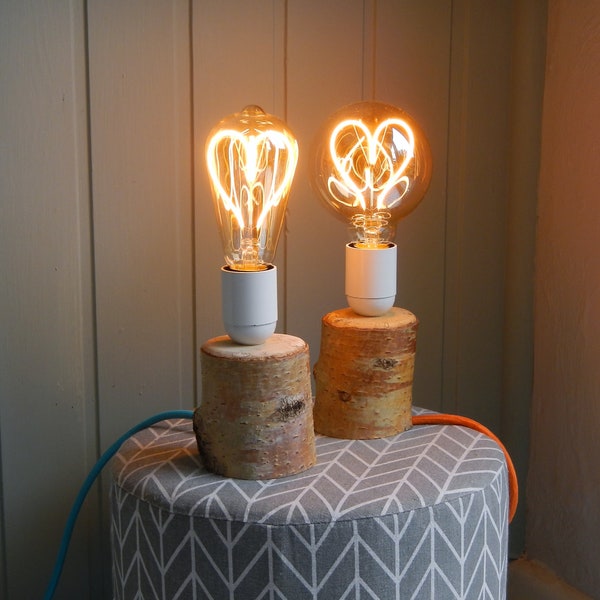 Silver birch heart lamp with fabric cable (orange/turquoise). Wooden table lamp, edison LED heart bulb, modern rustic, contemporary, hyyge.