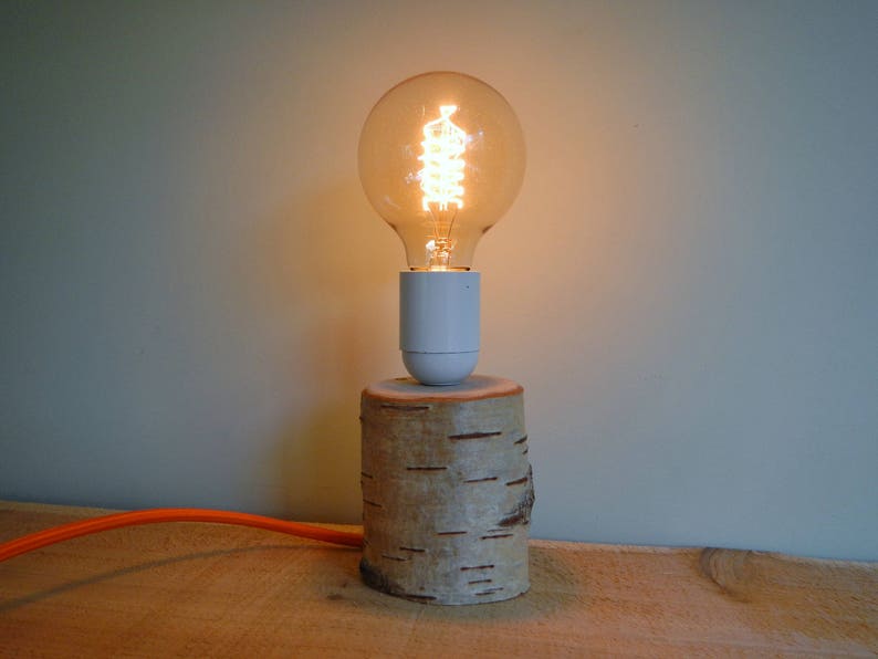 Funkyrustic Silver Birch Lamp Wooden Table Choice Of Vintage Edison Bulb Orange Fabric Cable Modern Rustic Hygge Contemporary