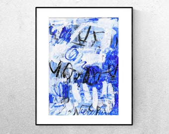 ORIGINAL Blue, White and Black Abstract Painting, Small Painting on Paper