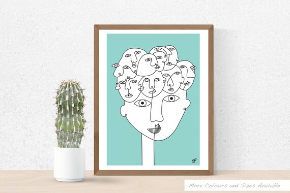 Teal Line Drawing Art Print Abstract Faces Wall Art Etsy etsy