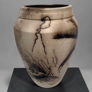 Raku Horsehair and Feathers Ceramic Vase, Jar, Urn, Black and White Horsehair and Feathers Vase, Wheel Thrown Raku Pottery
