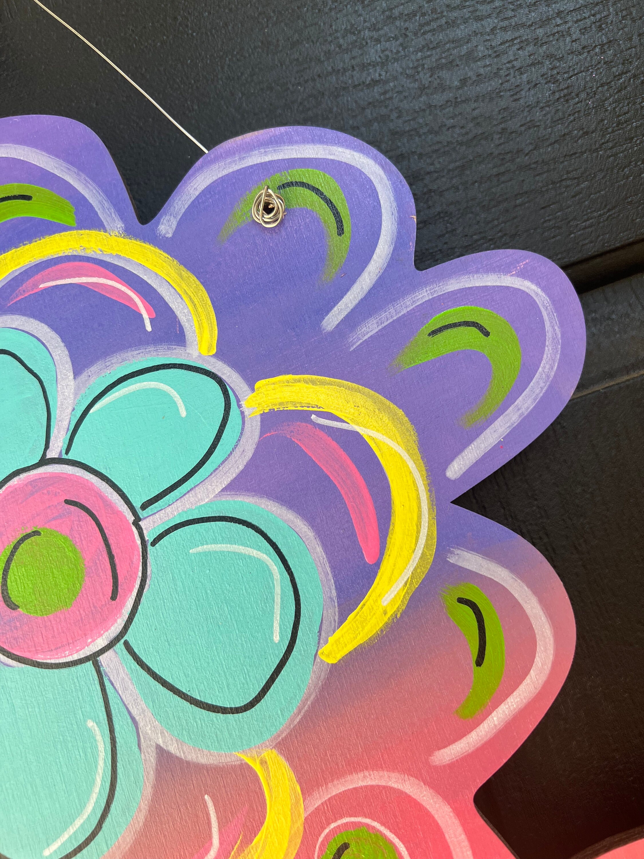 Flower Trio Door Hanger Stacked Flower Door Hanger Whimsical Etsy