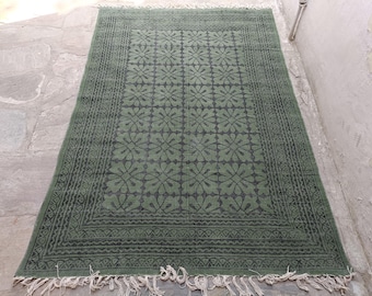 Green Hallway Runner, Green Area Rug, Cotton Runner Rug, Handmade Bedroom Livingroom Floor Carpet Bohemian Dhurrie Stair Runner Washable Rug