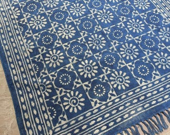 12x14 Handmade Cotton Rug, Dari Rug, Indigo Blue Rug, Oversized Large Area Rug, Handwoven Block Print Rug, Floor Dhurrie Bedroom Rug 12x20ft