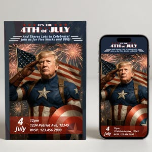 Invitation Trump du 4 juillet| BBQ Party avec héros patriotique | Toile modifiable| Téléchargement numérique instantané| Fête de l'indépendance à imprimer, Pool Party