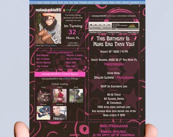 Invitación de cumpleaños con temática emo retro del año 2000 para Myspace, invitación de internet con nostalgia punk rock, descarga digital de la vieja escuela, invitación para fiesta en línea