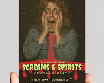 May include: A Halloween party invitation featuring a distressed image of a person screaming. The invitation has the text "SCREAMS & SPIRITS COSTUME PARTY" in green and red, with event details including the date, time, and address.