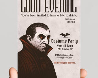 Può includere: Biglietto d'invito a tema Halloween con un ritratto di Dracula. Il biglietto mostra il testo "Good Evening" e i dettagli di una festa in costume con il testo "All Blood Types Welcome."