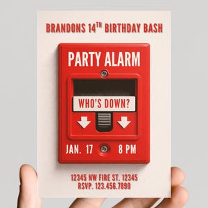 Peut inclure: Une invitation d'anniversaire avec un design "Party Alarm" rouge. La carte comprend le texte "BRANDONS 14TH BIRTHDAY BASH", "WHO'S DOWN?", et les détails de l'événement: 17 janvier, 20h, et une adresse et un numéro RSVP.