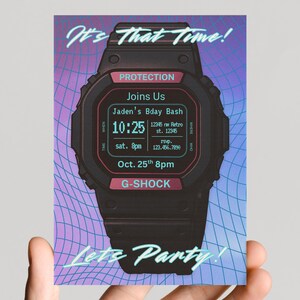 May include: A black G-Shock watch design invitation with the text "It's That Time!" and "Let's Party!" The invitation includes details for Jaden's Bday Bash, with the date, time, and location. The background has a purple and blue grid pattern.