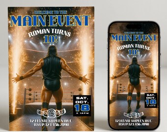 Kids Wrestling Birthday Invitation: Championship Belt, Editable Canva Template (Digital Download)