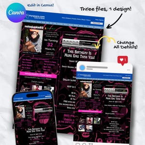 Pode incluir: Design digital de um convite de aniversário com o tema MySpace. O design em preto e rosa inclui uma tela de telefone, uma publicação nas redes sociais e um cartão imprimível. O texto diz "This Birthday Is More Emo Than You!"