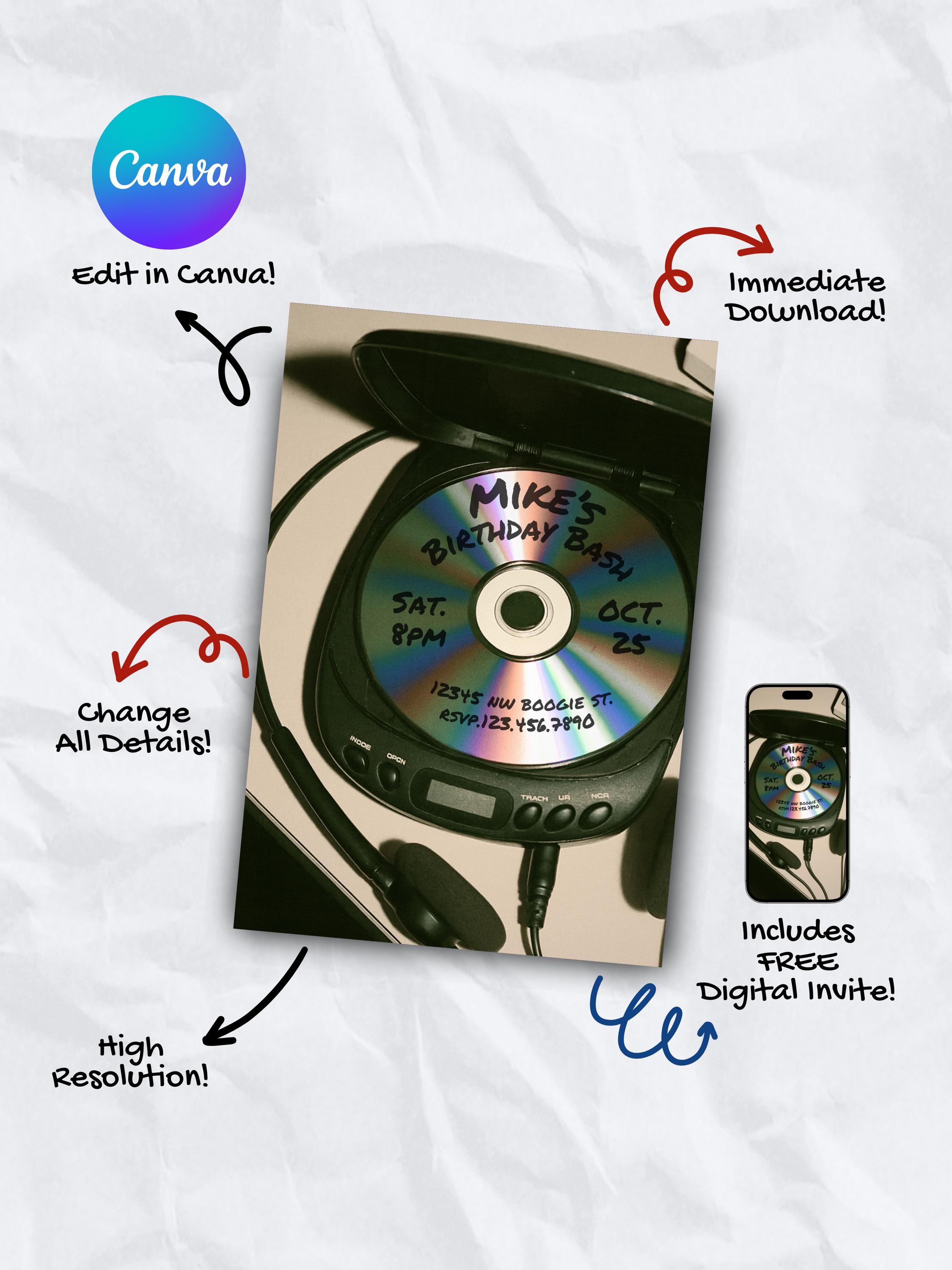 Retro CD Player Birthday Invitation Template: Nostalgia Music Mix Canva ...