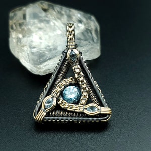 Celestial key series- faceted zircon aquamarine gold and silver wire wrap pendant handmade pendant hand-made wire jewelry