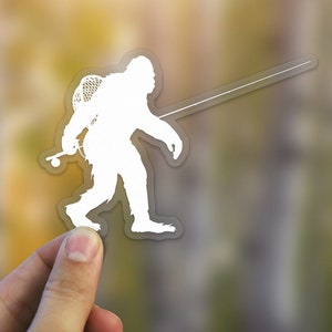 Sasquatch Fly Fishing Sticker - 3.6&quot; tall, white, die cut, high quality, weatherproof, bigfoot