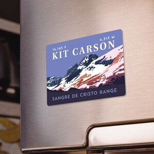 May include: A blue and white mountain range illustration with the text "Kit Carson 14,165 ft 4,317 m Sangre de Cristo Range".