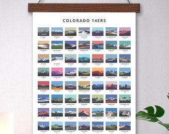 Colorado 14ers Mountain Poster with Wooden Hanger Frame, 14er print