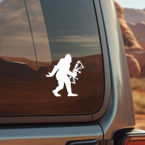 Sasquatch Archery Bow Hunting Die Cut Sticker - 3.9" tall, high quality, weatherproof, bigfoot illustration