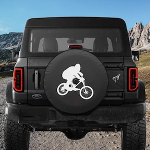 Spare Tire Cover Sasquatch Mountain Biking, Ford Bronco, Jeep, US-made, Marine Grade Vinyl, Camera Hole Available