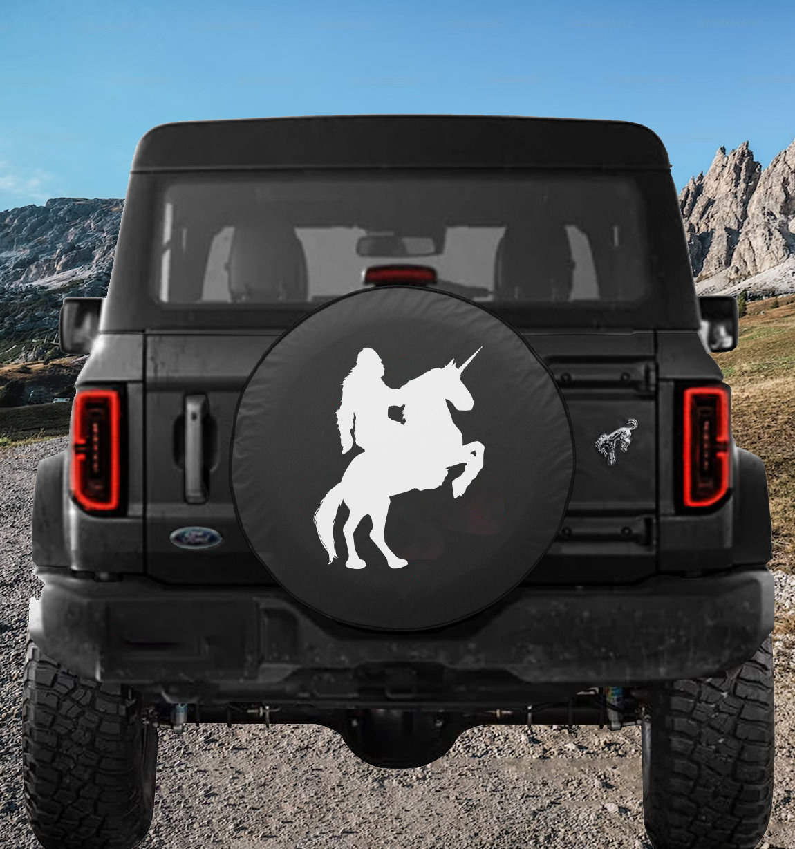 Spare Tire Cover Sasquatch Riding a Unicorn, Ford Bronco, Jeep, US-made, Marine Grade Vinyl, Camera Hole Available