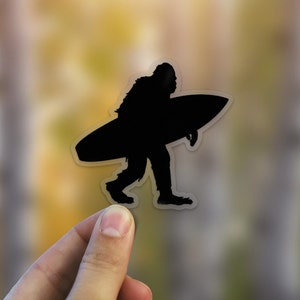 Sasquatch Surfing Sticker - 3.7&quot; tall, black, die cut, high quality, weatherproof, bigfoot