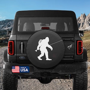 Spare Tire Cover Sasquatch Fly Fishing, Ford Bronco, Jeep, US-made, Marine Grade Vinyl, Camera Hole Available