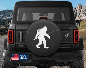 Spare Tire Cover Sasquatch Fly Fishing, Ford Bronco, Jeep, US-made, Marine Grade Vinyl, Camera Hole Available