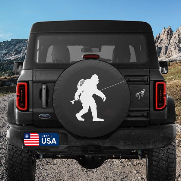 Spare Tire Cover Sasquatch Fly Fishing, Ford Bronco, Jeep, US-made, Marine Grade Vinyl, Camera Hole Available