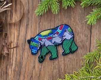 Three Sisters Patch - Aurora Sky - Grizzly Bear - LIMITED EDITION - Iron-On and/or Sew-On - Colourful Embroidered Patch