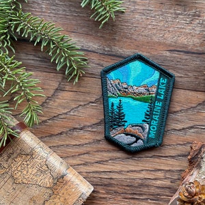 Moraine Lake Patch – Travel –  Iron-On and/or Sew-On – Colourful Embroidered Patch