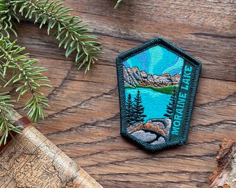 Moraine Lake Patch – Travel –  Iron-On and/or Sew-On – Colourful Embroidered Patch