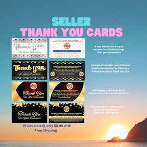 May include: Four different designs of thank you cards for sellers. The cards feature a gold and black color scheme with a star design and the text "Thank You". The text "Please Share Your Experience With A Review" is also included on the cards. The cards are designed to help sellers increase customer satisfaction reviews by offering a professional thank you card.