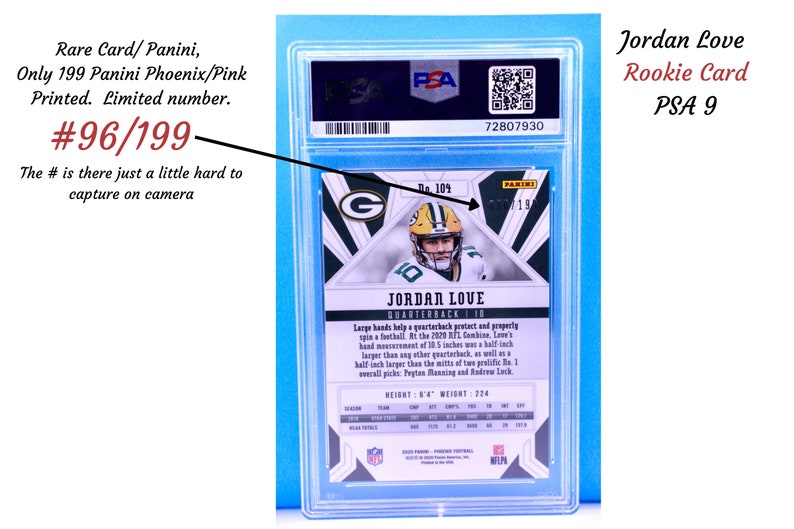 May include: A graded PSA 9 rookie card of Jordan Love, a Green Bay Packers quarterback. The card is numbered 96/199 and features a photo of Love in his uniform. The card is encased in a protective plastic case.
