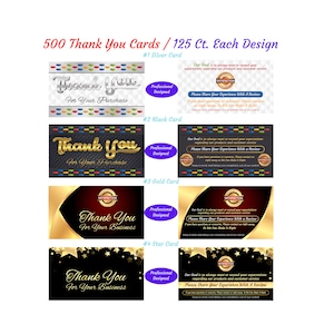 May include: Set of four thank you cards with different designs. Each card features a gold and black background with the text "Thank You" in a decorative font. The cards are professionally designed and include the text "For Your Purchase" or "For Your Business".