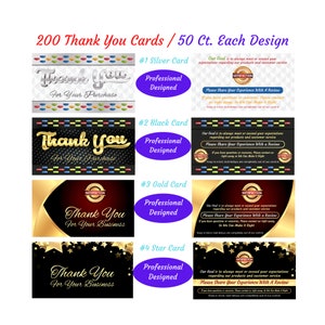 May include: Set of four thank you cards with different designs. Each card features a gold "Thank You" message with a different background: silver, black, gold, and black with gold stars. The text "Please Share Your Experience With A Review" is included on each card.