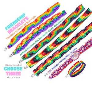 May include: Seven colorful friendship bracelets, including rainbow, Jamaican flag, Rasta, USA patriotic, and a rainbow pride bracelet. Choose three bracelets from the selection.