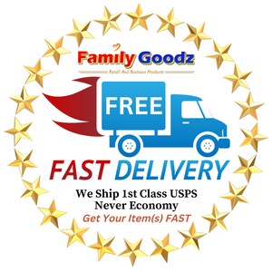 May include: A blue delivery truck with a red flame behind it, surrounded by gold stars. The truck has the word "FREE" on the side. The text "FAST DELIVERY" is below the truck. The text "We Ship 1st Class USPS Never Economy Get Your Item(s) FAST" is below the truck.