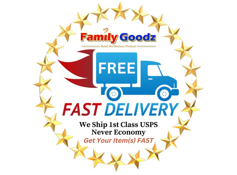 May include: A blue delivery truck with a red flame behind it, surrounded by gold stars. The truck has the word "FREE" on the side. The text "FAST DELIVERY" is below the truck. The text "We Ship 1st Class USPS Never Economy Get Your Item(s) FAST" is below the truck.