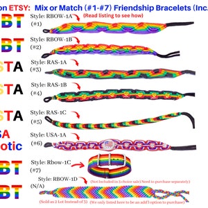 May include: Seven different styles of friendship bracelets, including rainbow, rasta, and USA patriotic themes. The bracelets are made with colorful embroidery floss and are tied with a black cord. The text "MULTICOLOR" is written vertically on the right side of the image.