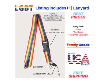 Lgbt Rainbow Lanyard detachable clip Gay Pride, For Keys, Co. Badge, Cell Tether. USA Company, We Ship Fast.  Buy 2 or more less than 10 ea.