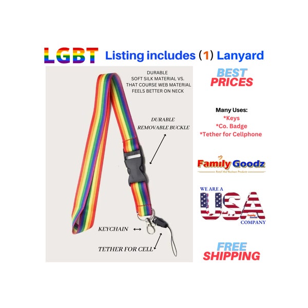 Lgbt Rainbow Lanyard detachable clip Gay Pride, For Keys, Co. Badge, Cell Tether. USA Company, We Ship Fast.Buy 2 or more less than 10.50 ea