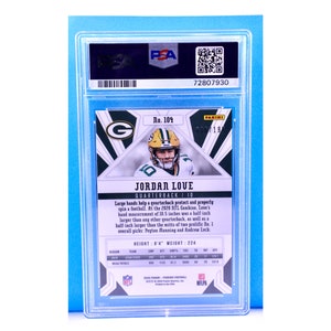 May include: A green and white football trading card featuring Jordan Love, a quarterback for the Green Bay Packers. The card is graded by PSA and has a number 104 printed on it. The card has a black and white geometric design with a green and white logo in the background. The card text reads "Large hands help a quarterback protect and properly spin a football. At the 2020 NFL Combine, Love's hand measurement of 10.5 inches was a half inch larger than any other quarterback, as well as a half inch larger than the mitts of two prolific No. 1 overall picks, Peyton Manning and Andrew Luck. HEIGHT 6'4" WEIGHT: 224"